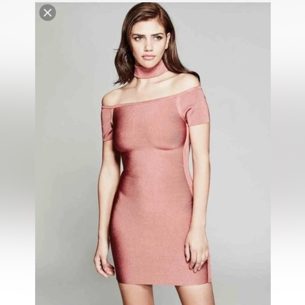 Marciano Luxe Rose Off The Shoulder Choker Neck Bodycon Mini Dress